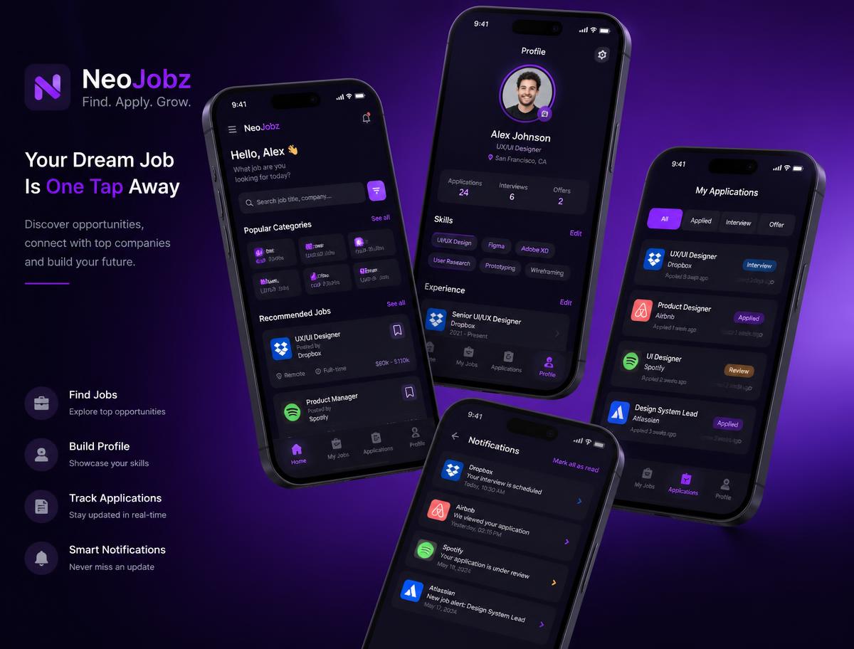 NeoJobz mobile recruitment app screens showing job search and applications