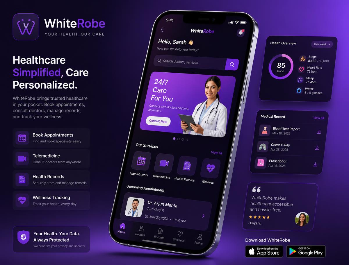 WhiteRobe mobile healthcare app screens showing appointments and health records
